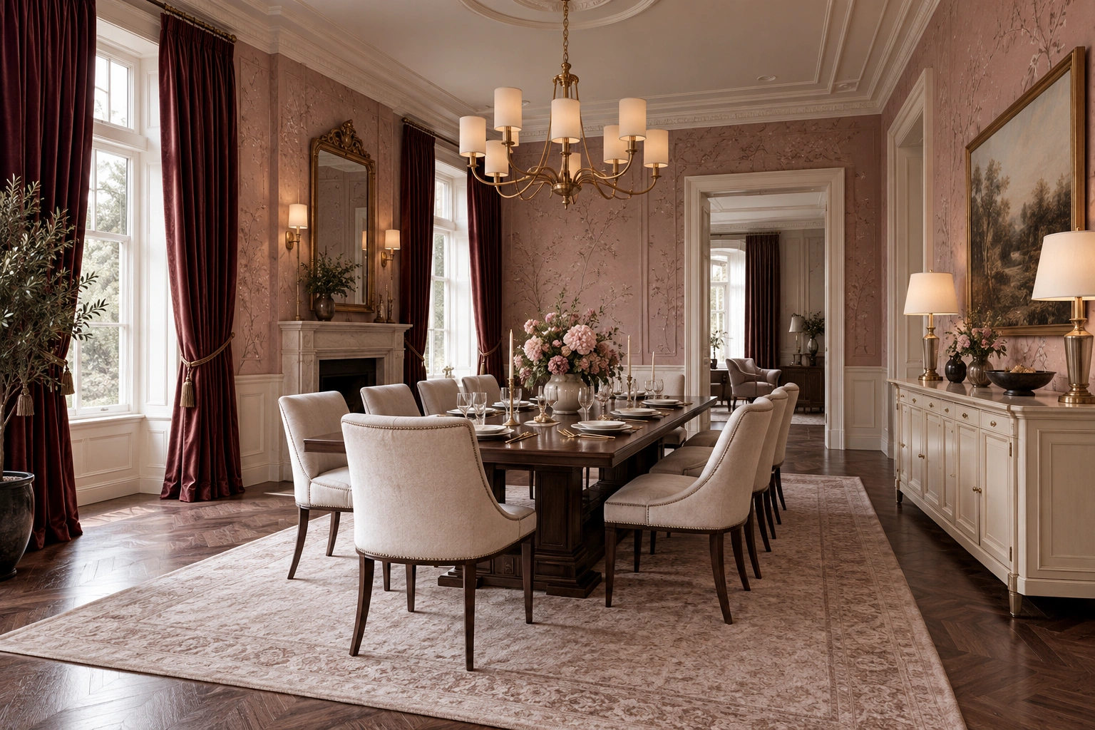 Винные бархатные портьеры в сочетании с пудрово-розовыми обоями в столовой